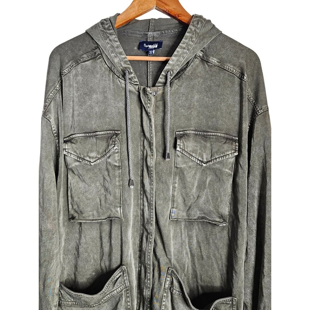 Splendid Sateen Anorak Grunge Green Hooded Zip Jacket Utility Pockets Women L - Picture 3 of 10